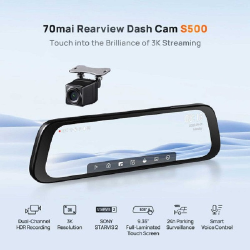 خرید و قیمت ست آینه هوشمند خودرو شیائومی 70mai Rearview Dash Cam S500 به همراه دوربین عقب